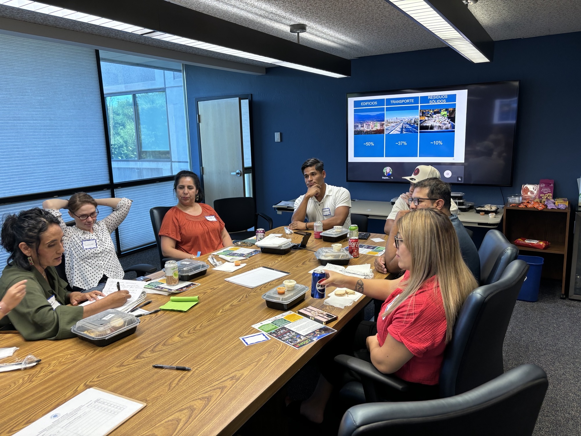Seven people sitting at a board room table